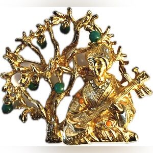 Art Geisha Shamisen Jade and Coral Vintage Pin Brooch